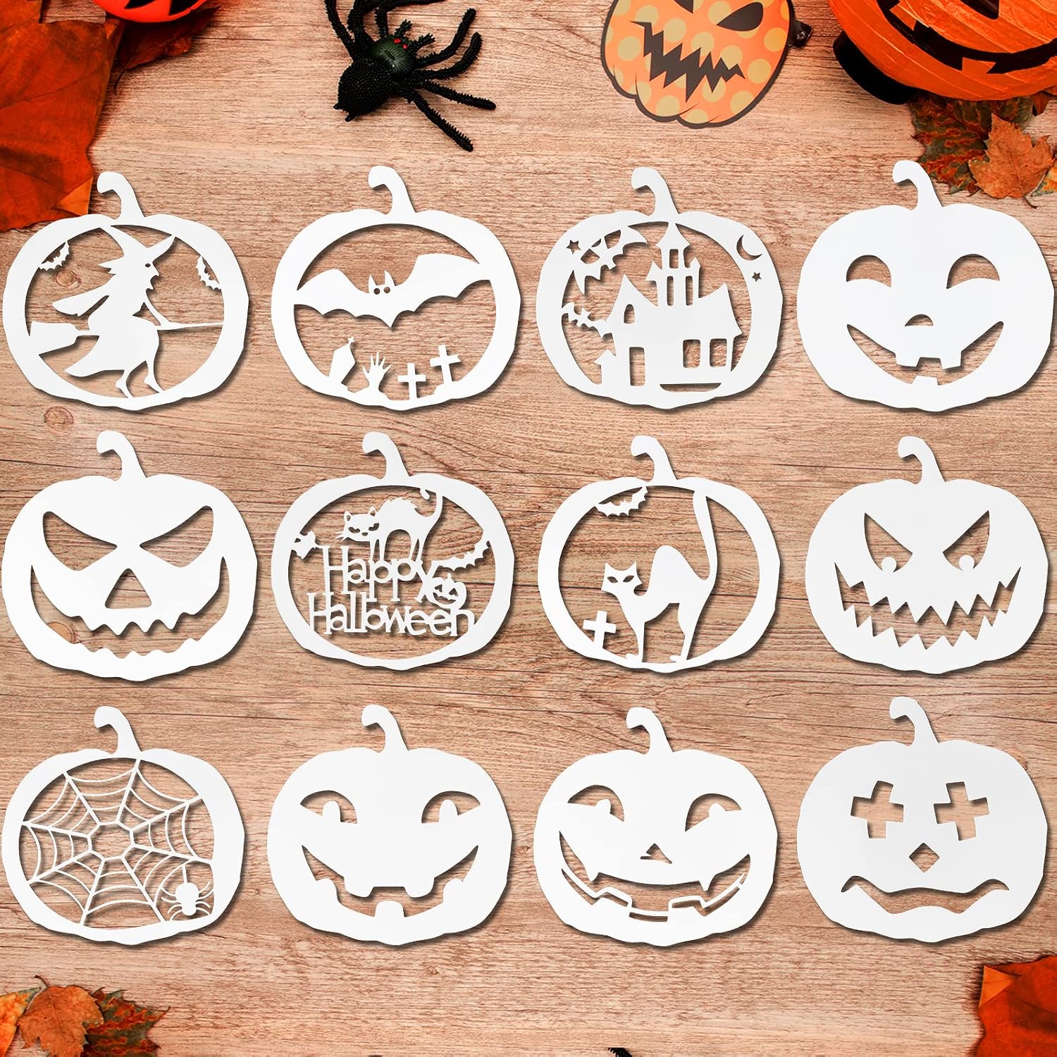 HOWAF 12 Piezas Halloween Plantillas Dibujo niños plástico Pintura Halloween Calabaza tallar Plantillas para Halloween Decoración, Scrapbooking, Pintura