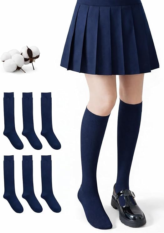 CYS Calcetines 6 Pares De Colegio Escolares Medias Largos Altos Algodón Hasta rodillas Lisos Para Niñas Niños Infantiles Uniformes Unisex