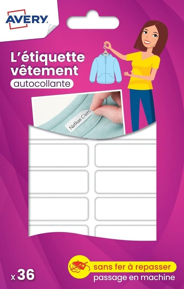 AVERY – 36 etiquetas adhesivas para ropa en blanco – Tamaño 4,5 x 1,3 mm