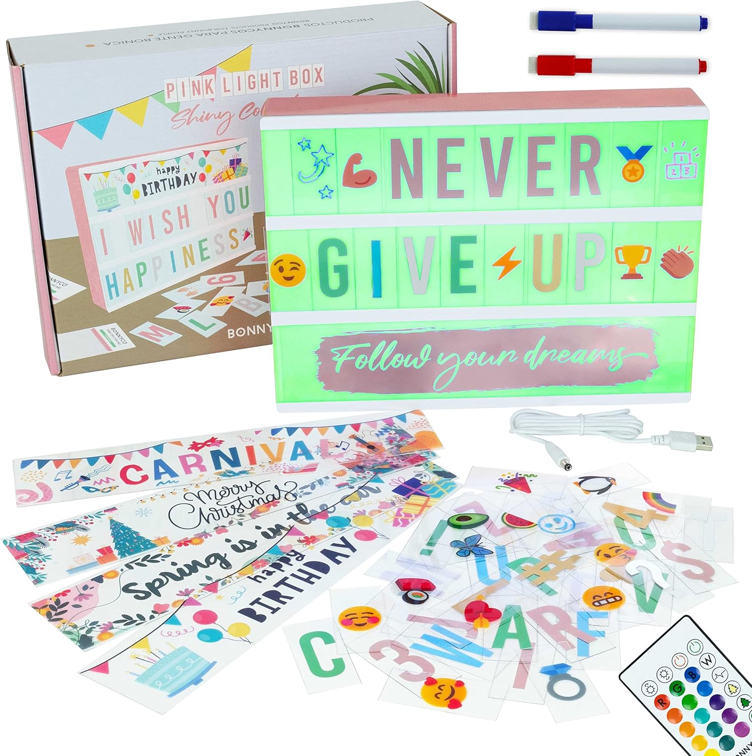 BONNYCO Caja de Luz A4 Oro Rosa 16 Colores 400 Letras, Emojis, 10 Tarjetas Premium, Mando, 2 Rotuladores