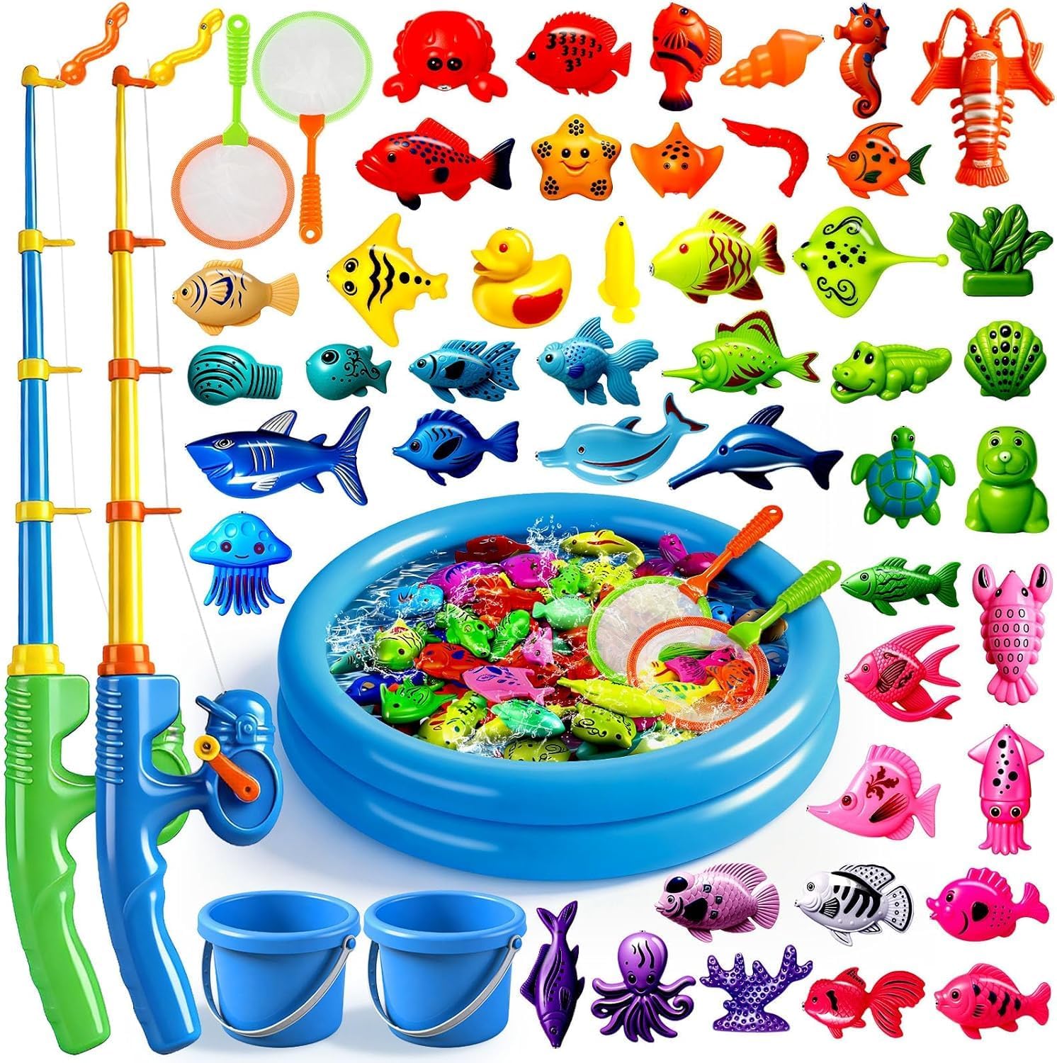 XXL Juego de Pesca Magnético 59 Pcs con Piscina Hinchable