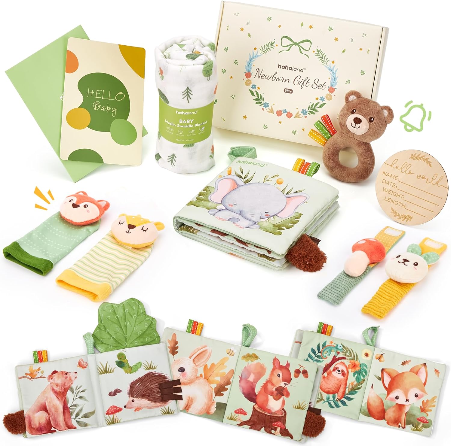 hahaland Regalo Bebe Recien Nacido Niño Niña - 9 en 1 Canastilla bebe con Manta, Sonajeros, Libros Bebe, Tarjeta