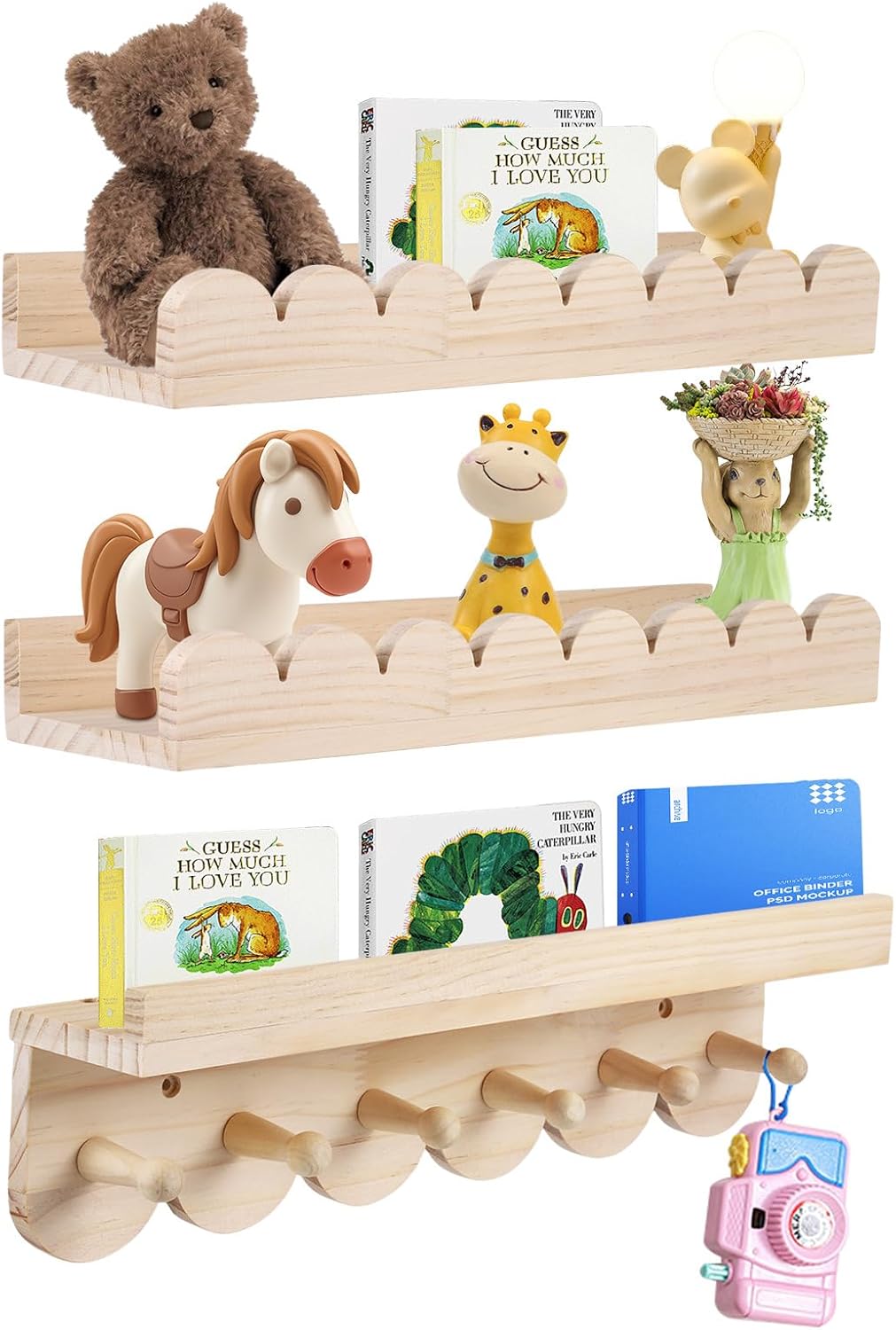 Juego de 3 estantes de pared de madera maciza para niños Strixorn - Estantería Montessori 40 cm