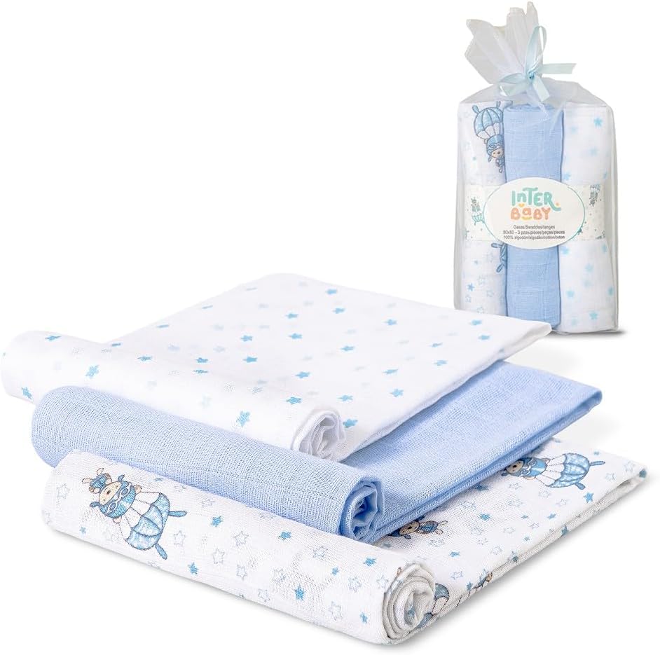 Interbaby Muselinas Bebe Algodón 80x80cm Pack 3 Gasas Paracaidista Azul