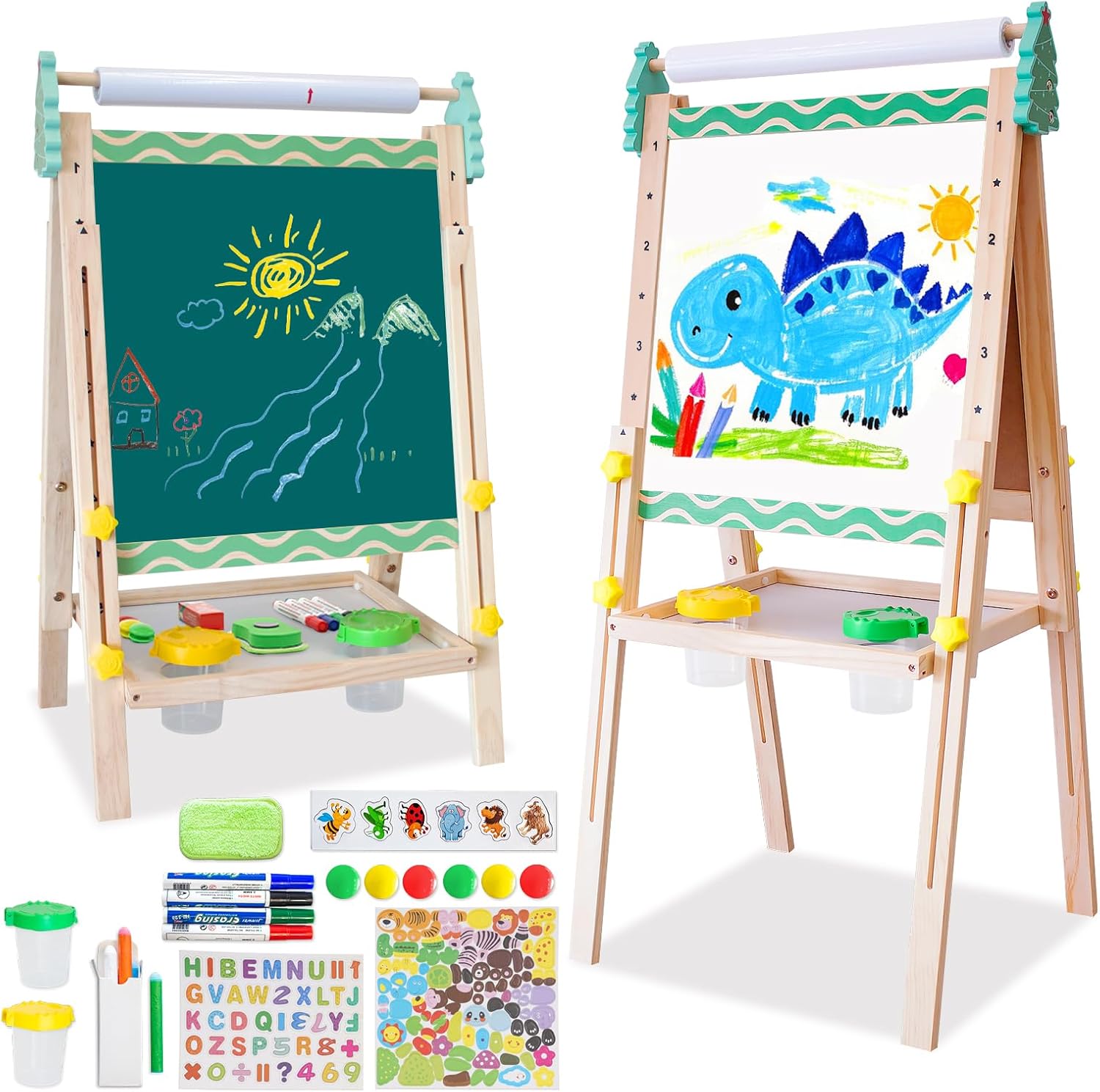 Caballete para Niños y Niñas de dos Caras con Altura Ajustable y Rollo de Papel 4 en 1