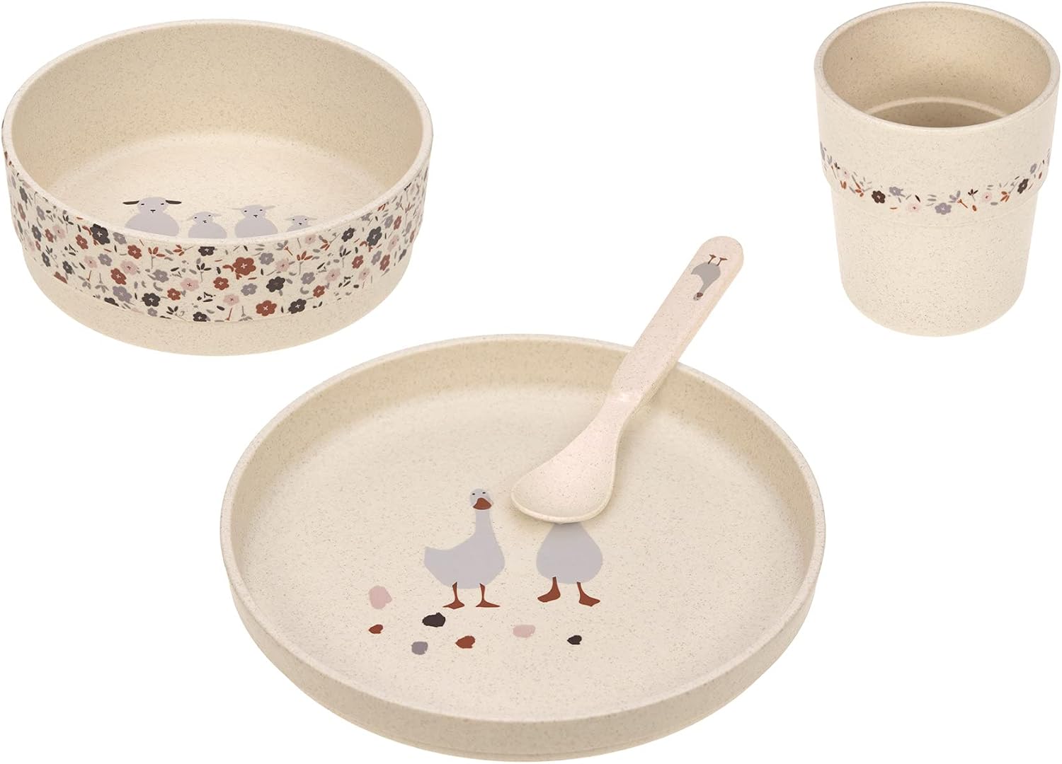 LÄSSIG Juego de vajilla infantil (plato, bol, taza, cuchara) sin BPA Tiny Farmer Goose