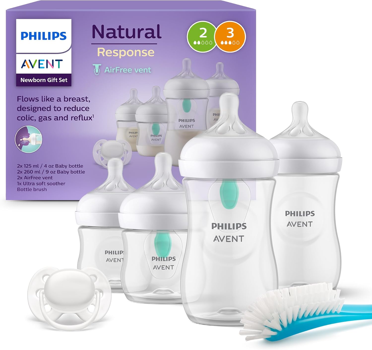 Philips Avent Set de regalo para recién nacidos: 4 biberones con sistema AirFree, chupete ultra soft y escobilla, de 0-12 meses (modelo SCD657/11)