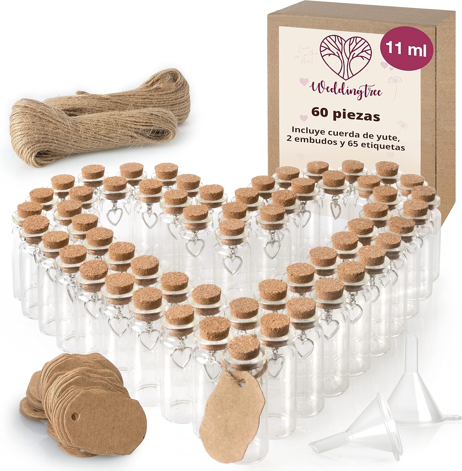 WeddingTree 60 x 11ml Botella de Vidrio Mini - Set de Mini Botellas de Cristal con Corcho y Llavero de Corazón