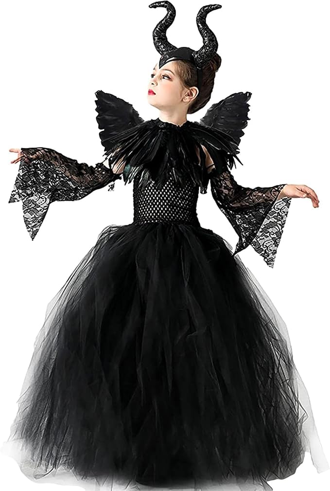Disfraz Maléfica para Niñas, Bruja Negra Halloween con Cuernos Diadema y Alas de Ángel