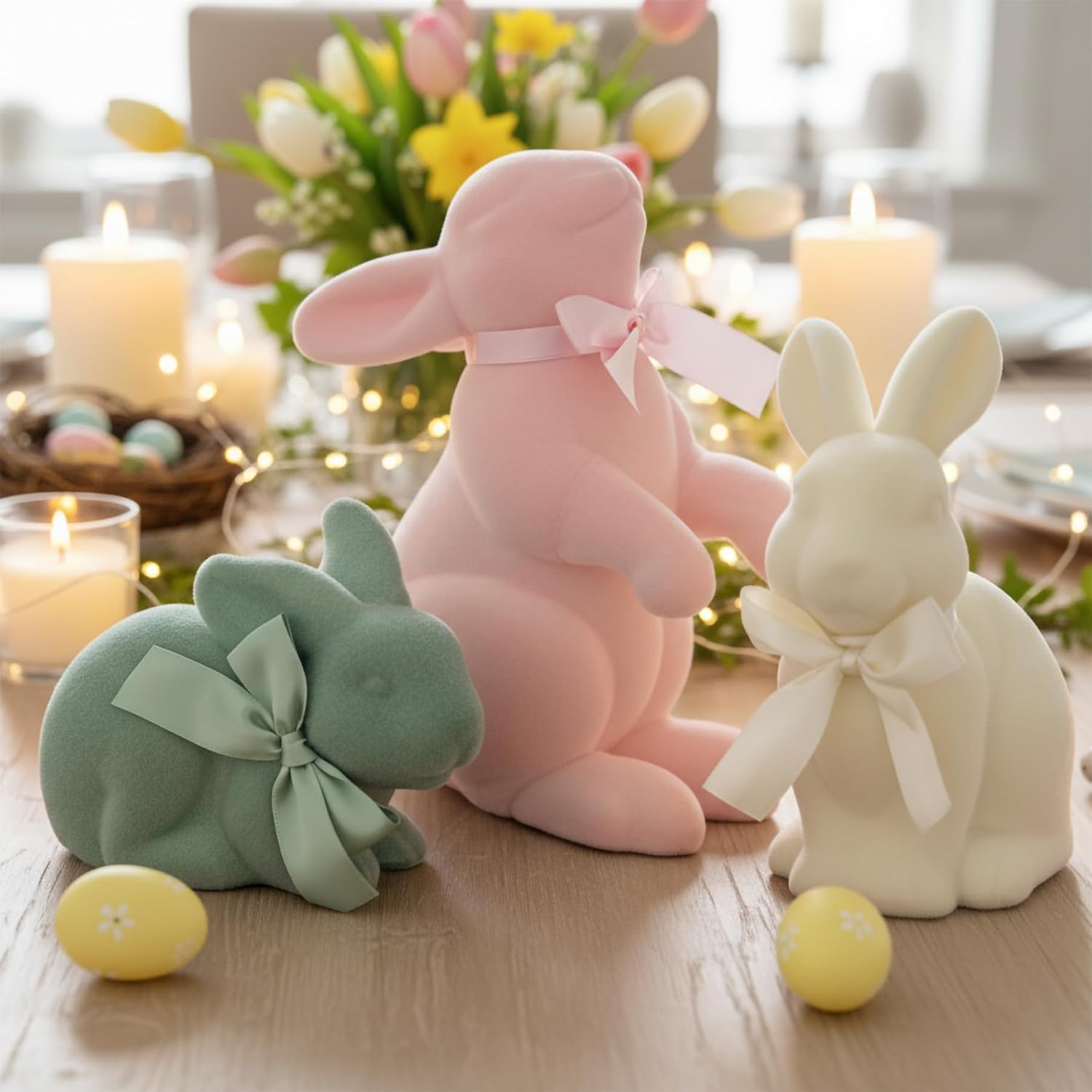 Lanpn Set de 3 Conejos de Pascua Flocados Multi-Posición