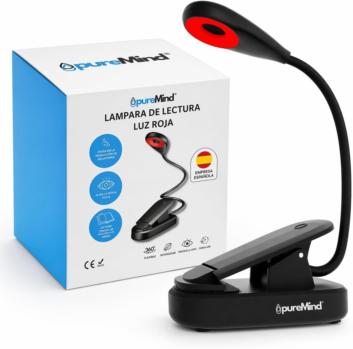 Puremind Luz de Lectura Roja Recargable USB con Pinza + Cuello Flexible 360º + 3 Niveles de Brillo Sin Luz Azul para Dormir