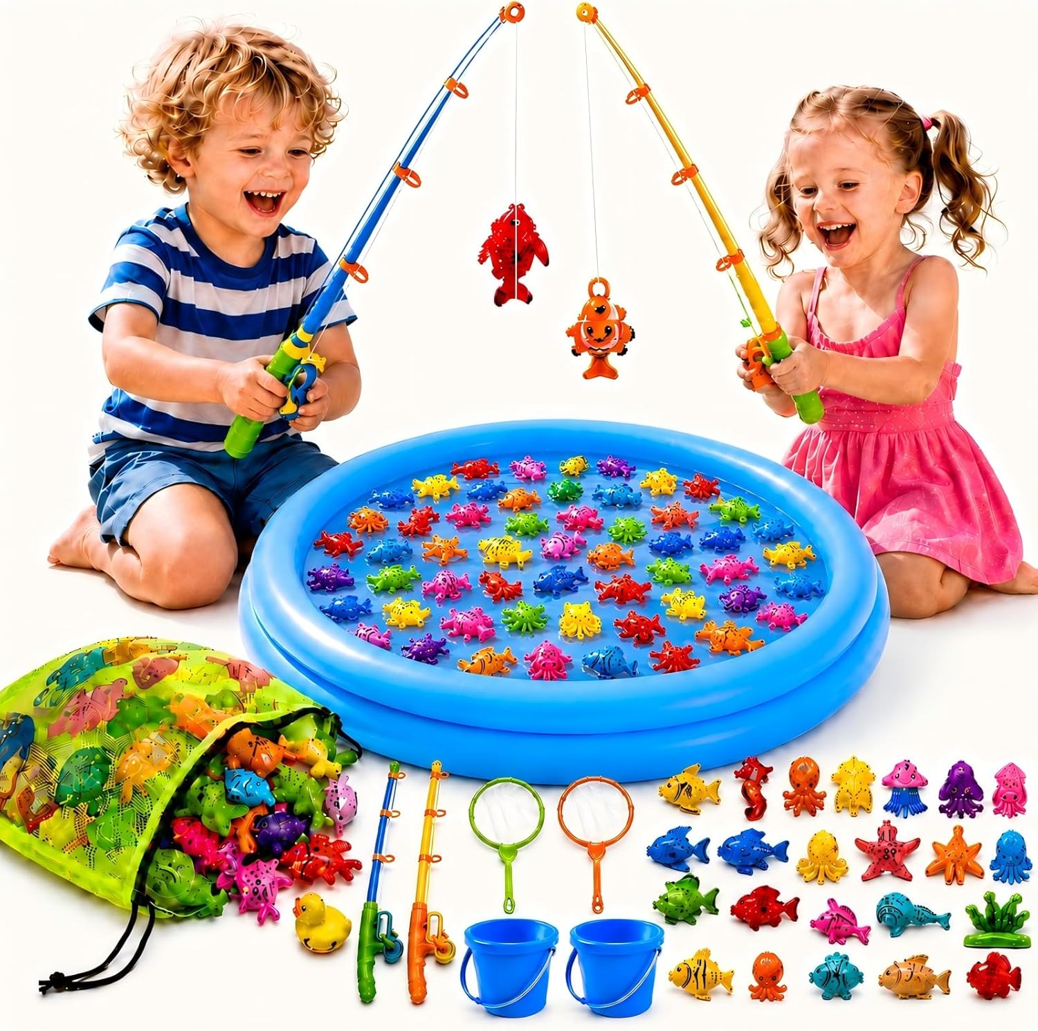 XXL Juego de Pesca Magnético 59 Pcs con Piscina Hinchable