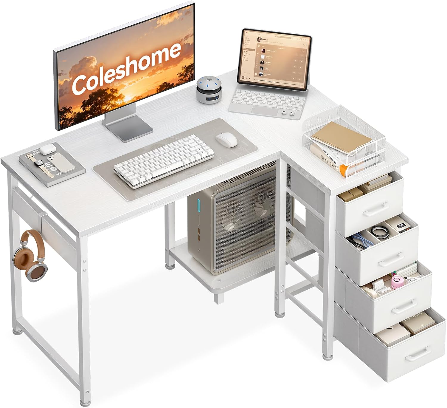 Coleshome Escritorio Esquinero con 4 Cajones, 100x70cm, Blanco
