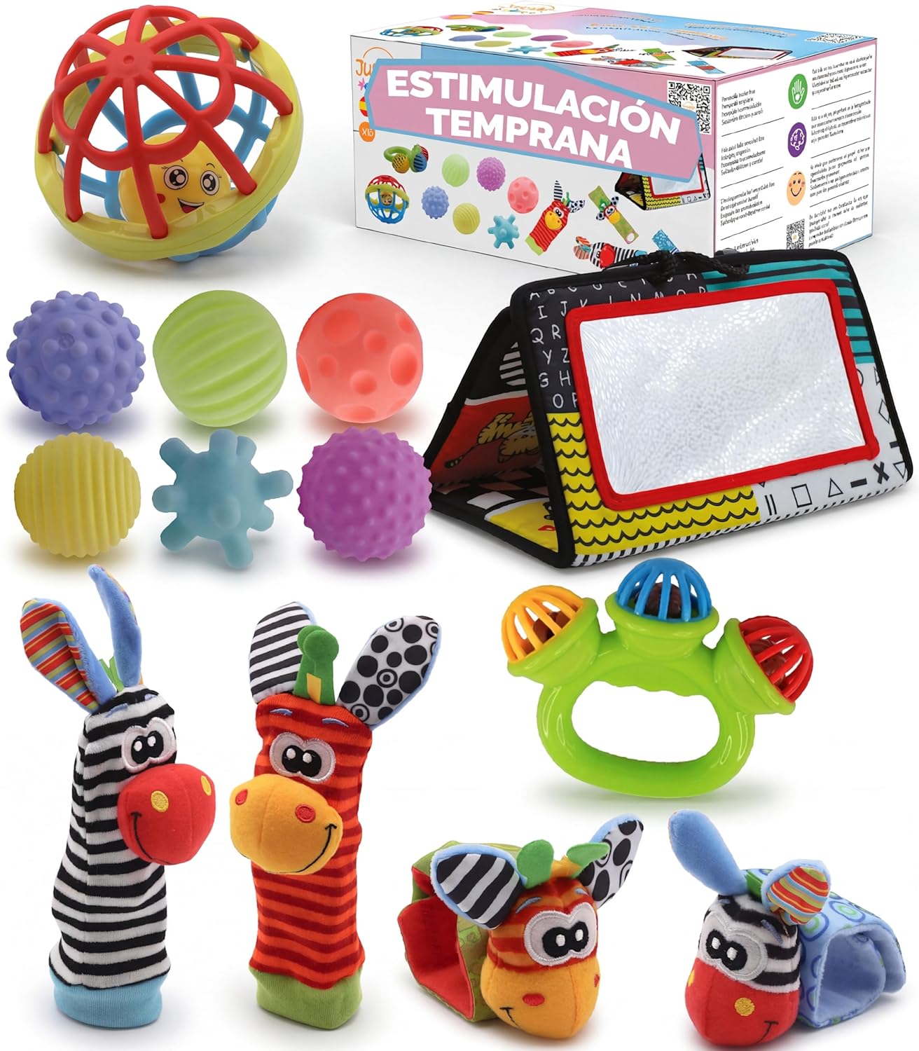 Juguetes Estimulación Bebé 0-6 Meses Montessori con Pelotas Sensoriales y Sonajeros