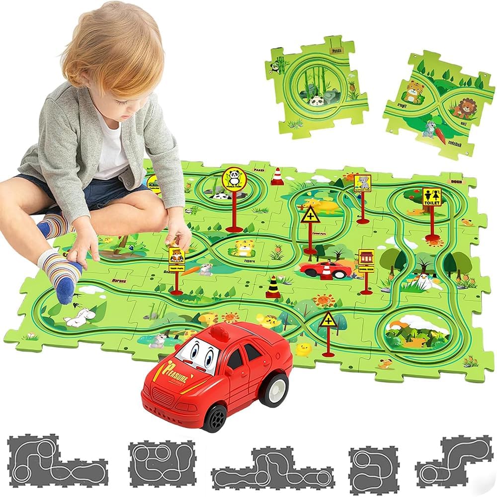 Pista de Coche de Juguete para Niños Pista de Puzzl DIY Ruta Juego Educativo Regalos para Niños 2 3 4 5 6 Años(Tierra)