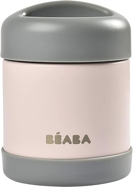 Béaba Envase Conservación Alimentos Isotérmico, Para Bebés y Niños, 100% Hermético, Inox, Doble pared, 300 ml, Gris/Rosa