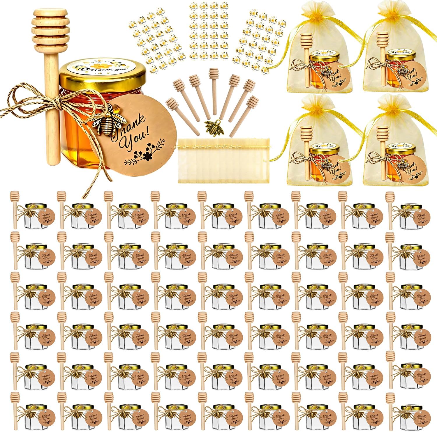 Hapneyea 60 paquetes de latas de miel de vidrio hexagonal con accesorios