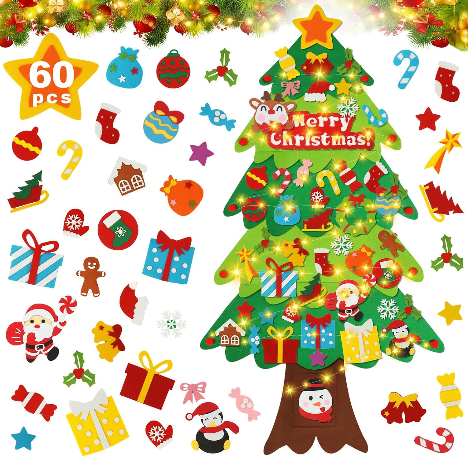 Árbol de Navidad de Fieltro 4.5Ft 136CM, DIY Arbol Navidad 60 Pcs Adornos