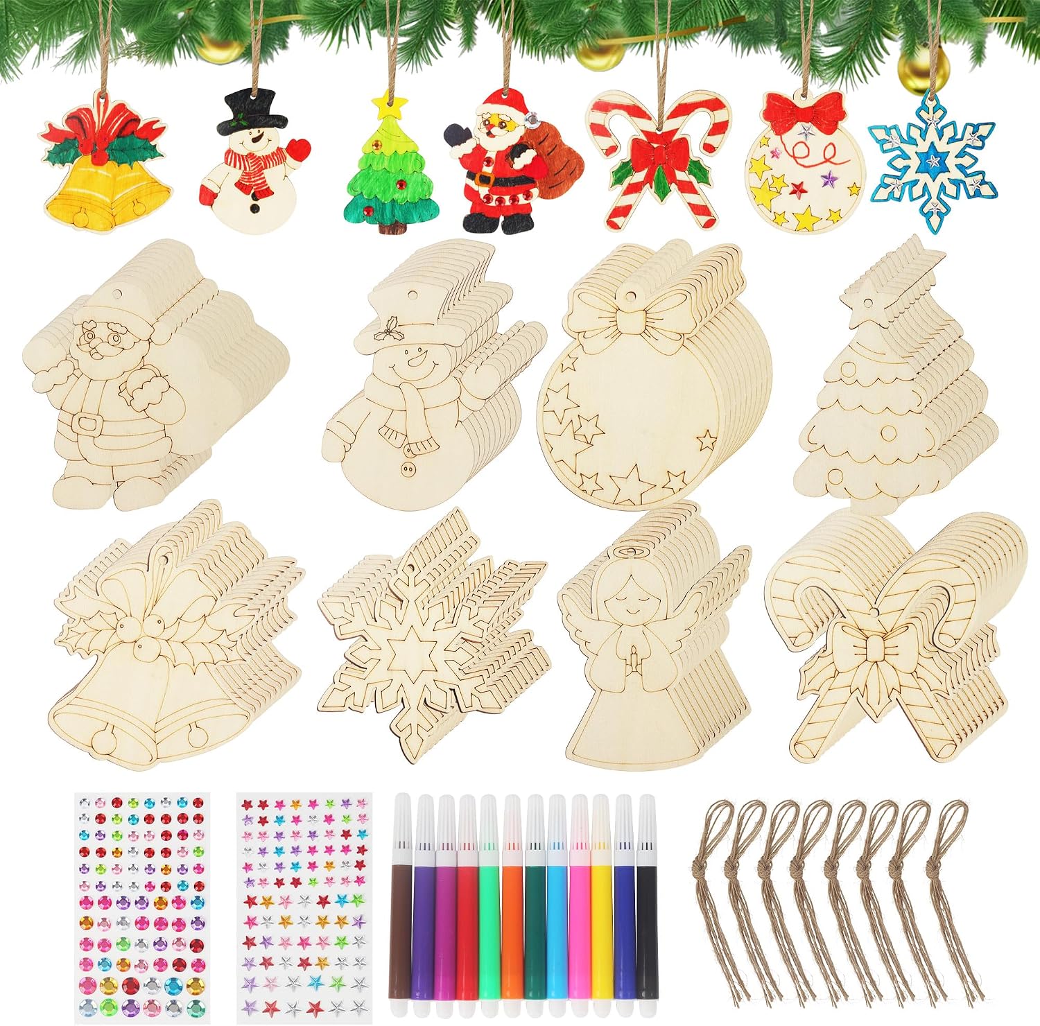 80 Adornos navideños de Madera para Pintar, Kit de Manualidades de Madera para niños