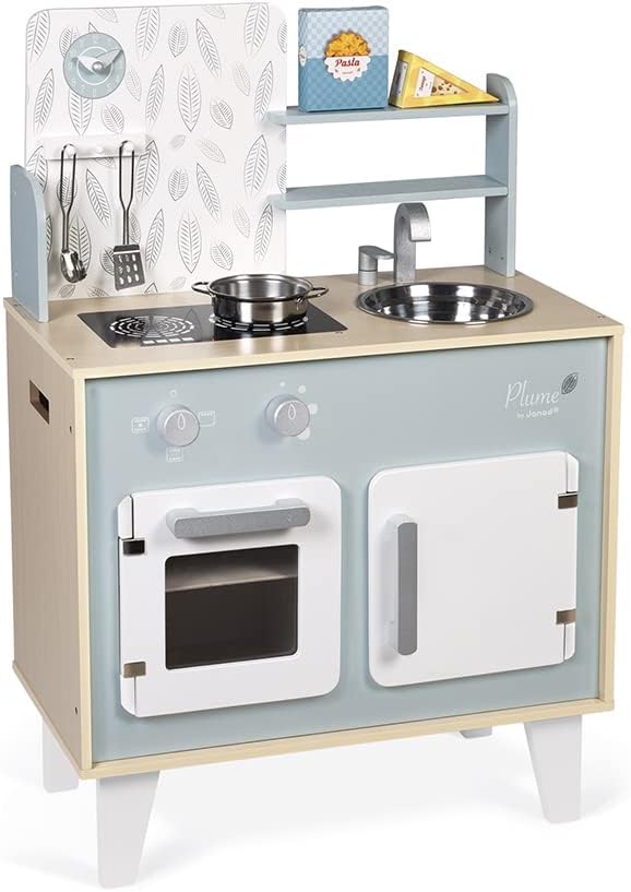 Janod - Cocina de madera para niños "Plume" - Con horno, fregadero de acero inoxidable, armario, pomos y reloj