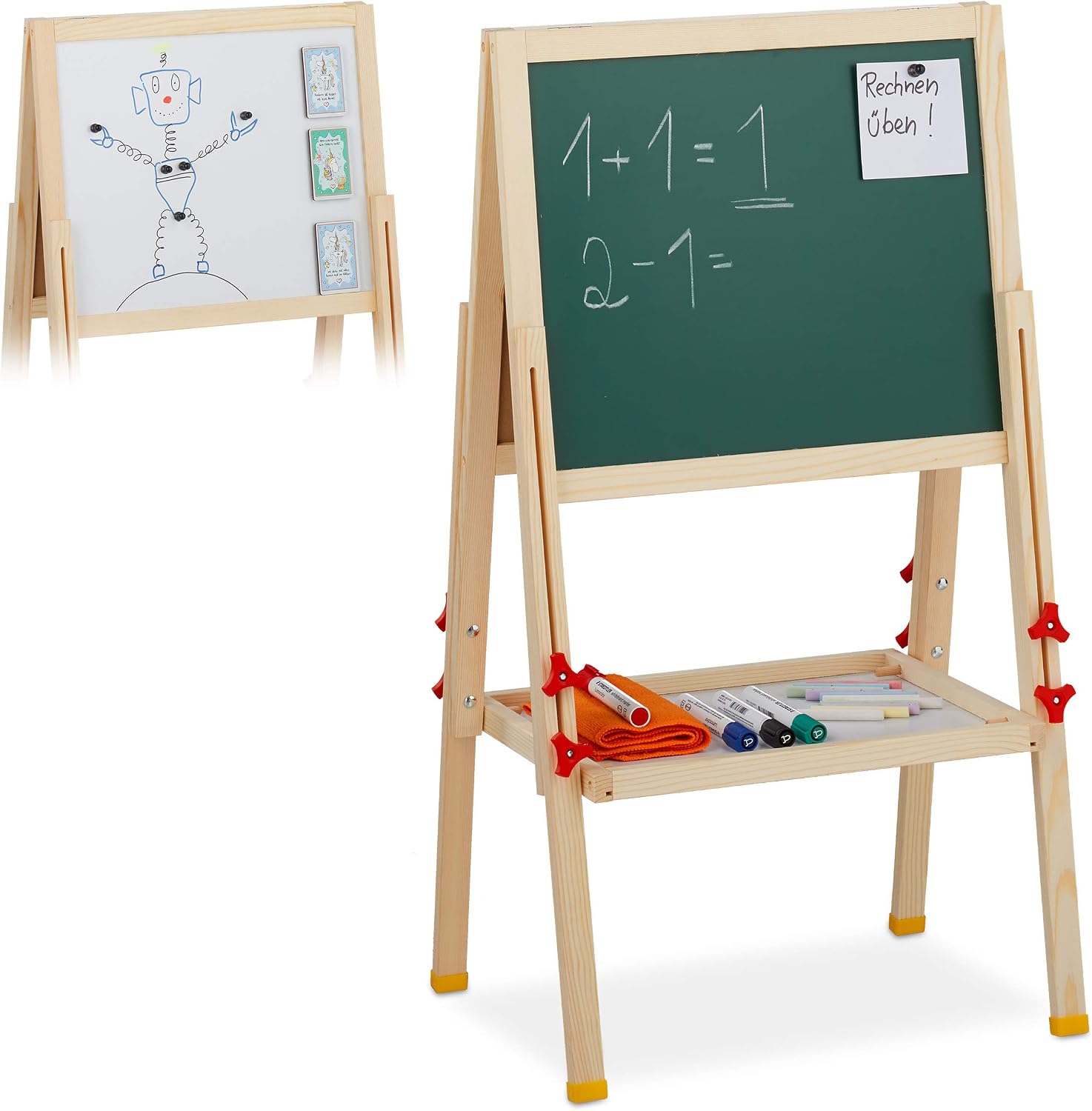 Relaxdays Pizarra Infantil Doble, Altura Ajustable, Magnética, Rotuladores y Tizas, Madera, 81-104 x 45 x 42 cm, Marrón