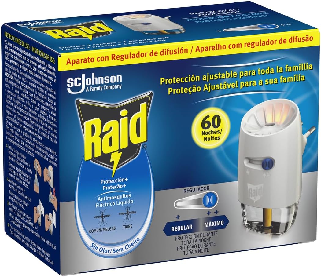 Raid Eléctrico Líquido Protección+ 60 noches - Enchufe anti mosquitos comunes y tigre con difusor regulable
