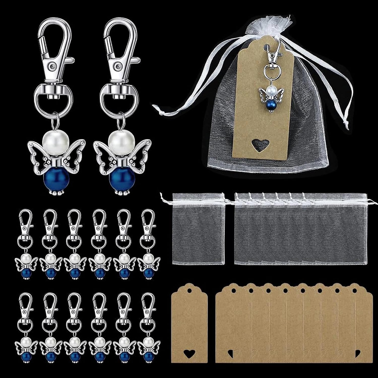 UBERMing Regalos de Ángel de Guarda 30 Piezas Llavero Ángel de la Guarda + Bolsa de Organza + Etiqueta Papel de Estraza Boda Bautizo Colgante Llavero para Invitados Regalo de Recuerdo