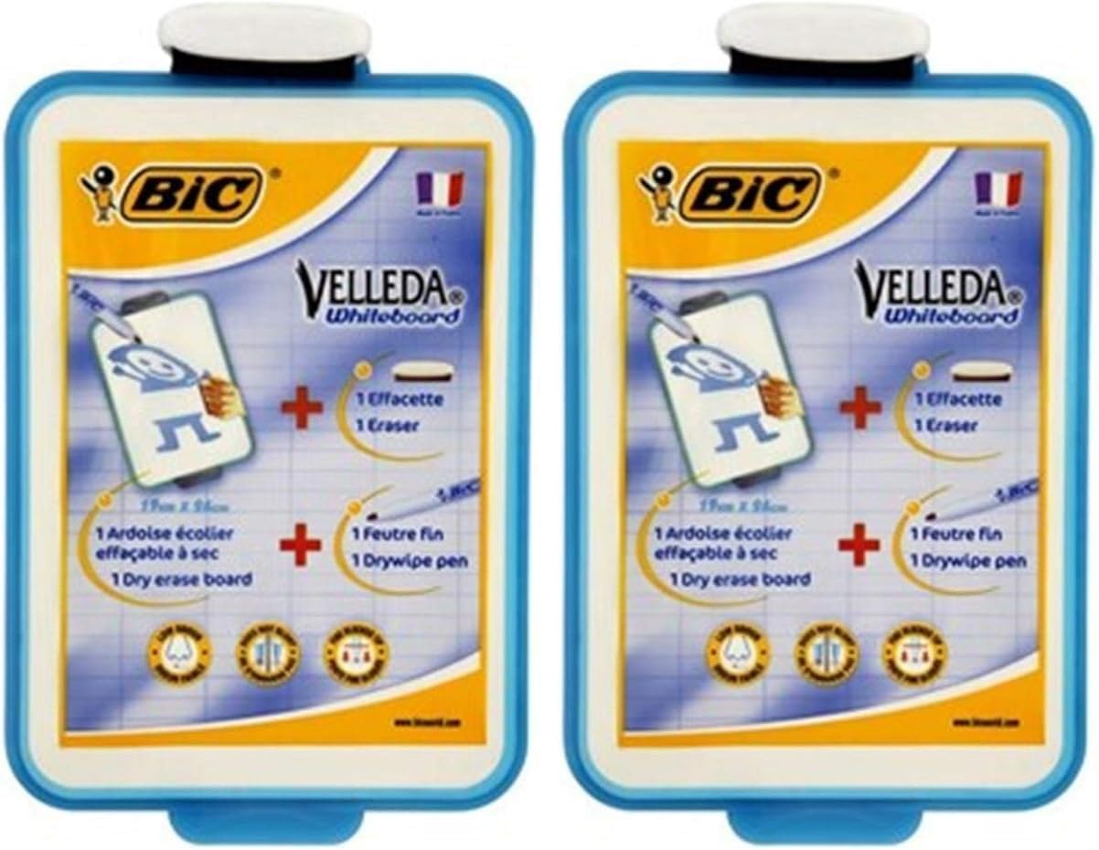 BIC Velleda Pizarra Blanca Pequeña de Borrado en Seco de Doble Cara con Rotulador Azul y Borrador (Paquete de 2)