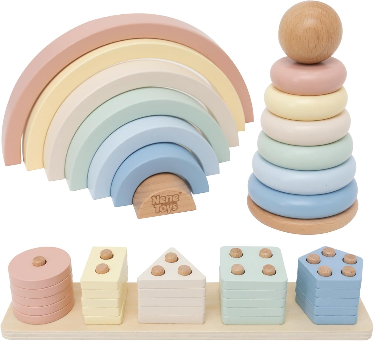 Nene Toys Juguete Montessori de Madera 3 en 1 para Bebés de 1 Año – Arcoíris de Madera, Torre Apilable y Juego de Encastre