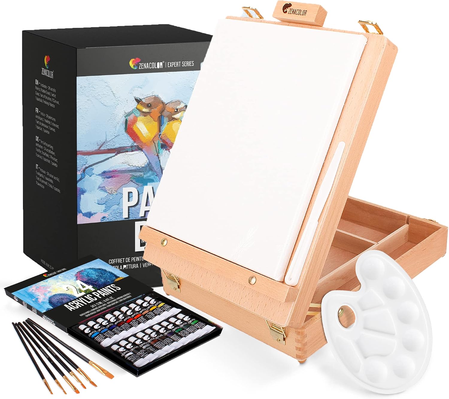 Kit Pintura con 34 piezas - 24 Tubos de Pintura Acrílica, 6 Pinceles Pintura, Lienzo para Pintar 24x30cm, 1 Caballete Pintura, Espátula y Paleta Pintura