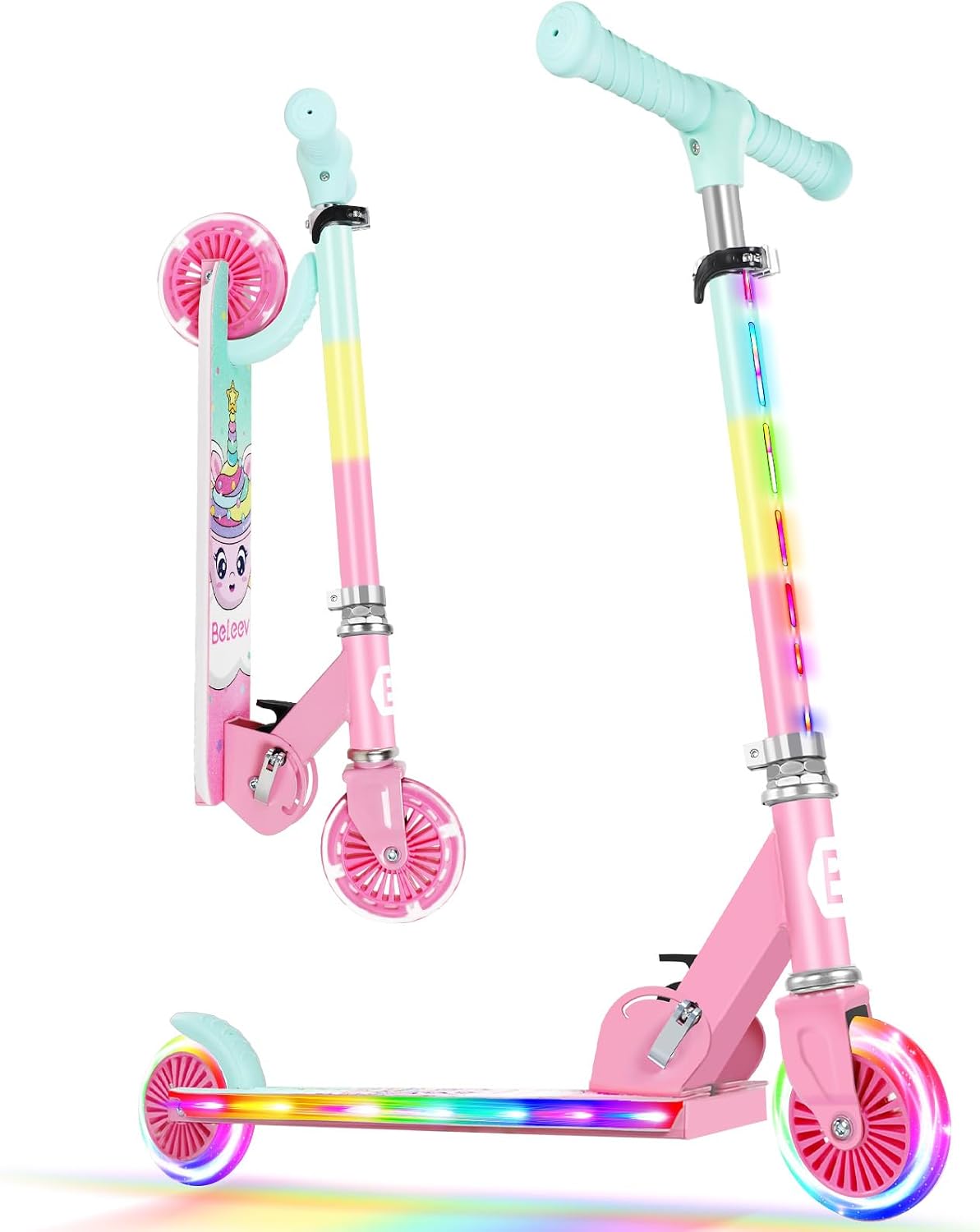 BELEEV V2 Patinete de 2 Ruedas para Niño Niña 3-12 Años Plegable con LED