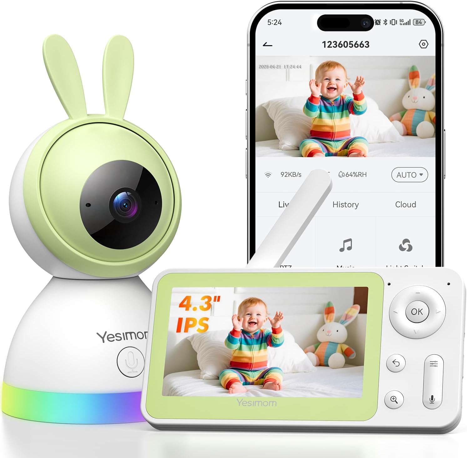 YESIMOM Cámara Vigilancia Bebé Portátil 1080P con Pantalla 4.3" IPS