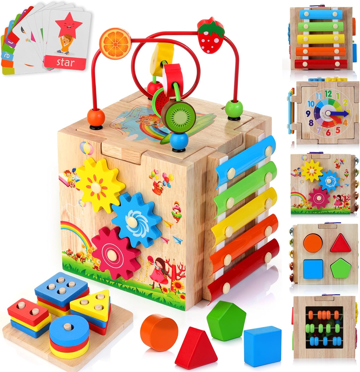 HELLOWOOD Cubo de Habilidades Motoras de Madera para Bebés 8 en 1 Cubo de Actividades