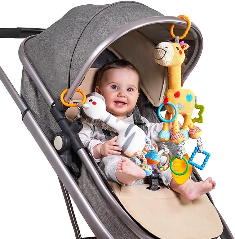 TUMAMA KIDS Juguetes para cochecitos, Juguete Musicales sonajeros para bebés de 0 a 12 Meses, 2 Peluches de Jirafa y Cebra para barandillas, sillas de Coche