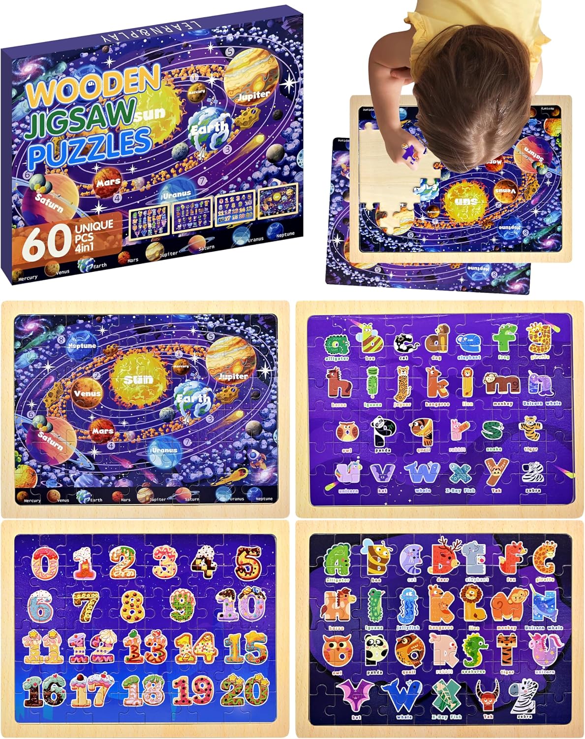 Puzzle de madera para niños SAYHALO, juego de 4 unidades, 60 piezas