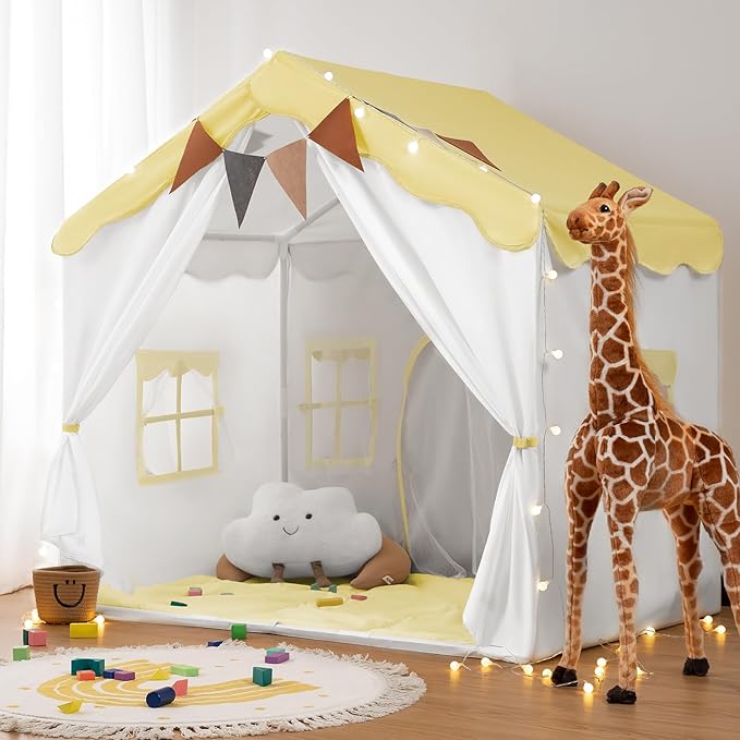 besrey Tienda de Campaña Infantil 2 en 1 con Alfombra Acolchada, Luces y Banderas
