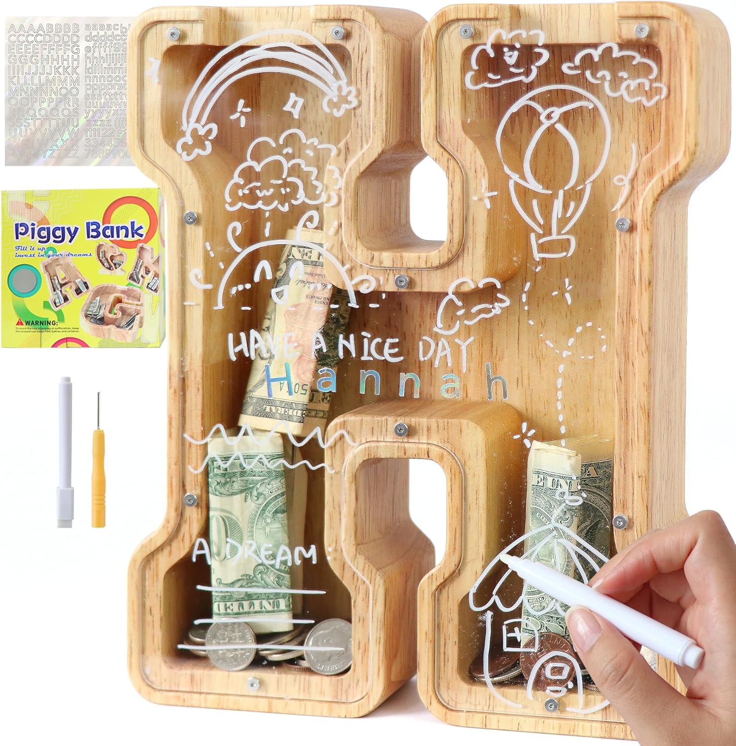 Lakpopya Hucha de Madera Grande para Infantil Adultos Hucha Cerdito Personalizada de A-Z con Zona de Destino Hucha Billetes Transparente para Regalo Decoración Bautizo (H)
