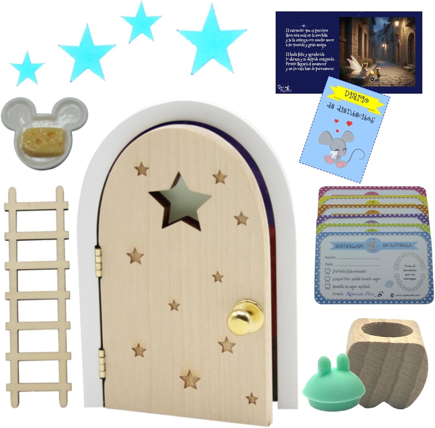 Kit Ratoncito Pérez Mágico Qué Kawaii con Puerta de Abeto que Brilla en la Oscuridad