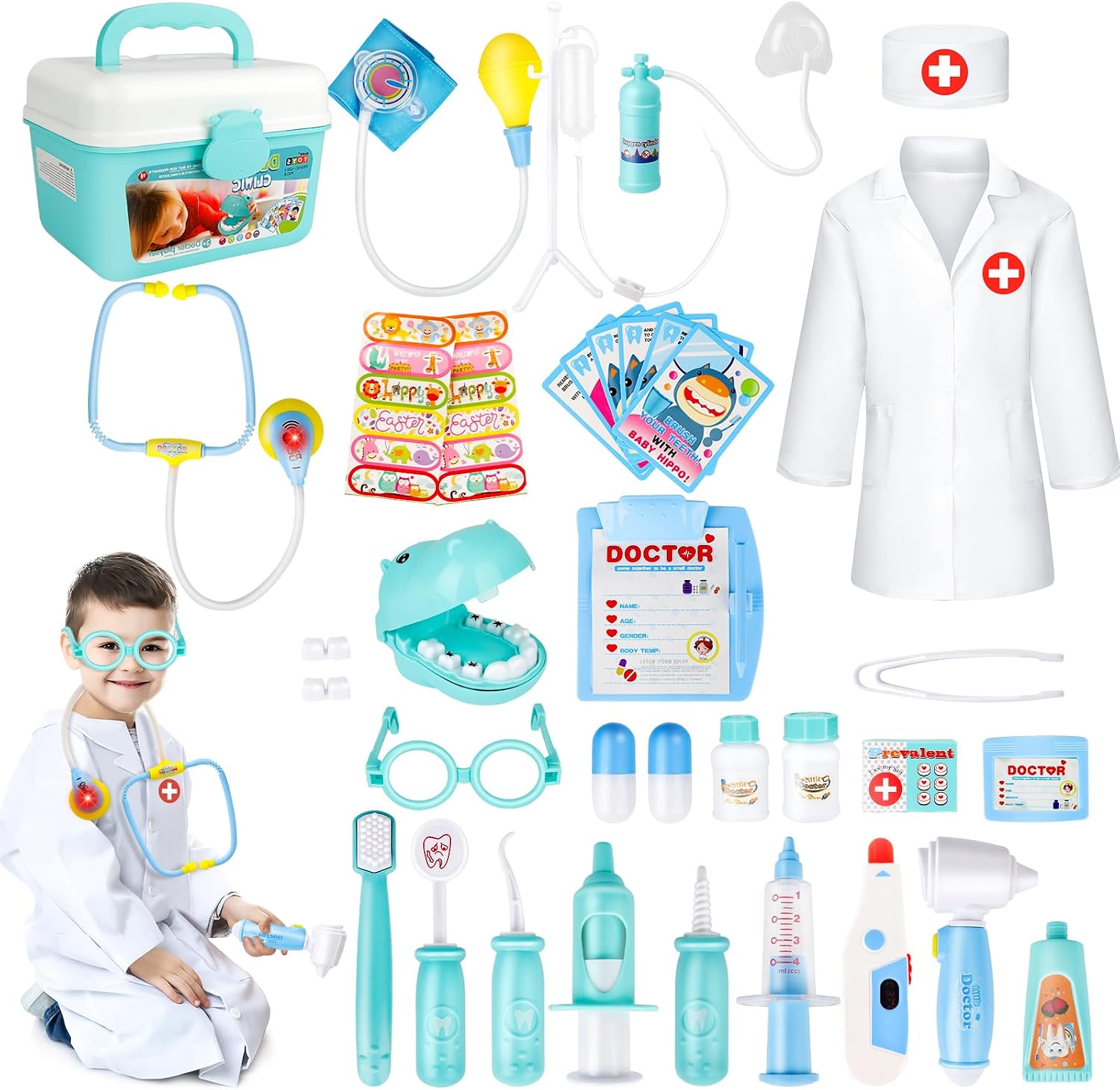 deAO 2 en 1 Kit Medico Infantil con Bata, Estetoscopio Real Luces y Sonidos