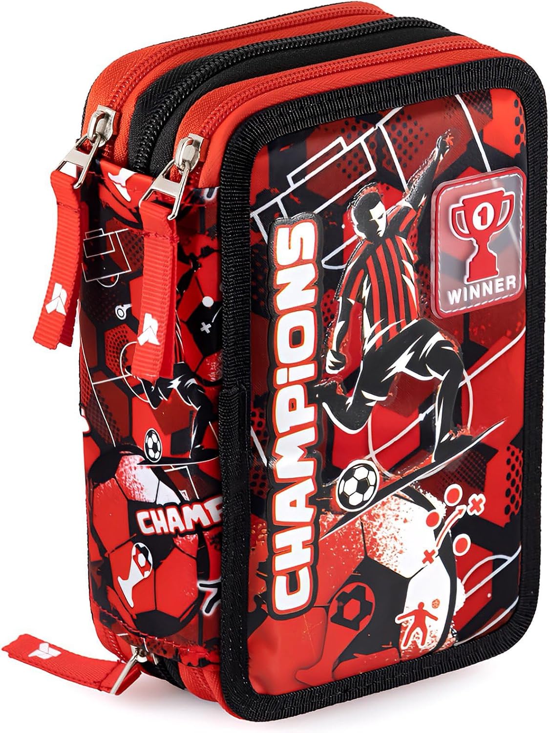 Julian Ross Plumier Triple Escolar 45 Piezas Fútbol Champions Rojo y Negro