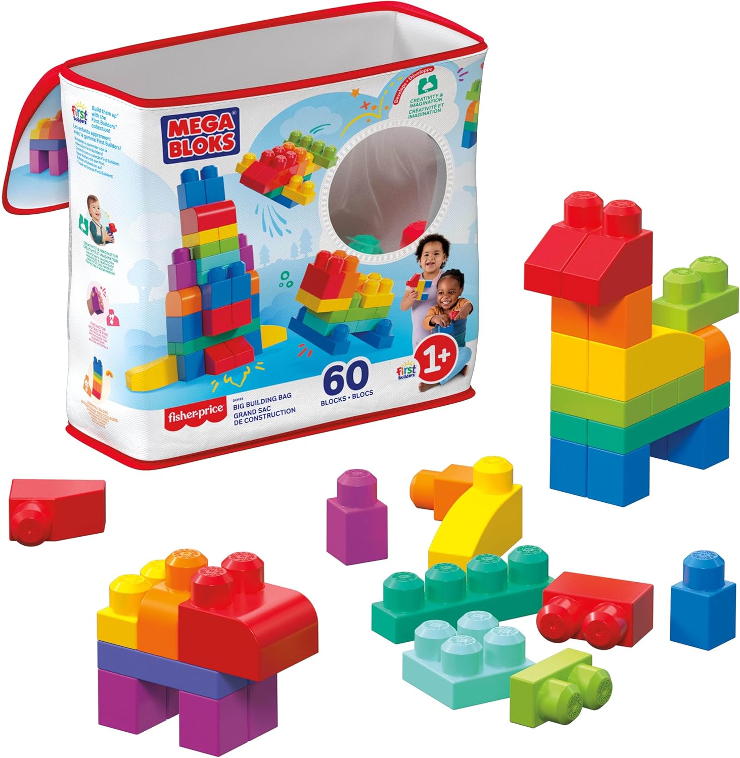 Mega Bloks Bolsa clásica con 60 bloques de construcción, juguetes bebés 1 año (Mattel DCH55)