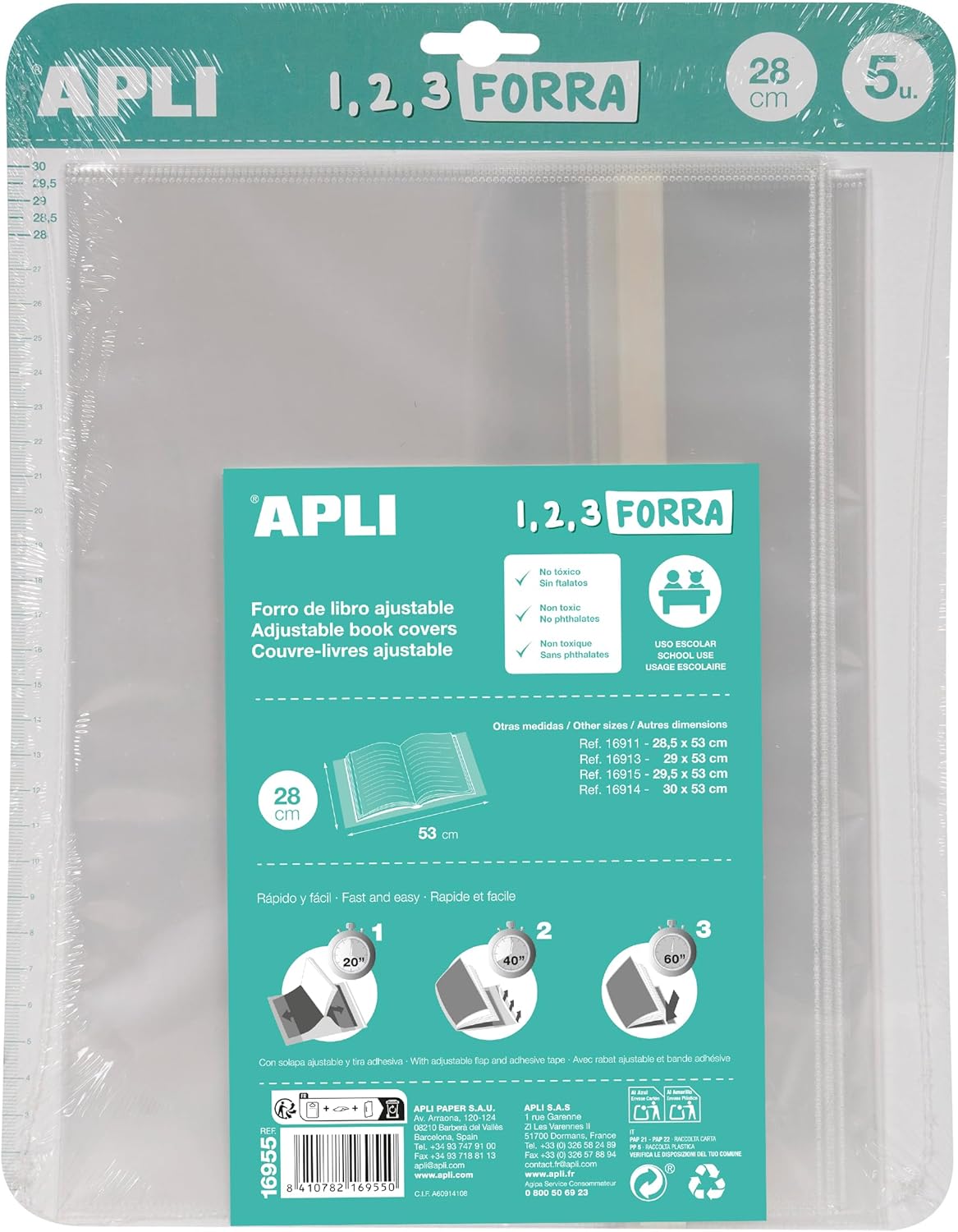 APLI 16955 - Forro de libros con solapa ajustable de polipropileno