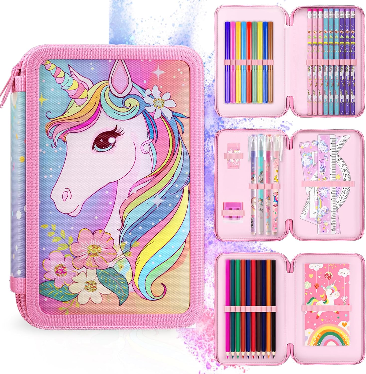 Mowtential 39 Piezas Estuche Unicornio, Estuche Escolar Completo para Niña con 3 Compartimentos y Cremallera Doble, Rosa Durazno