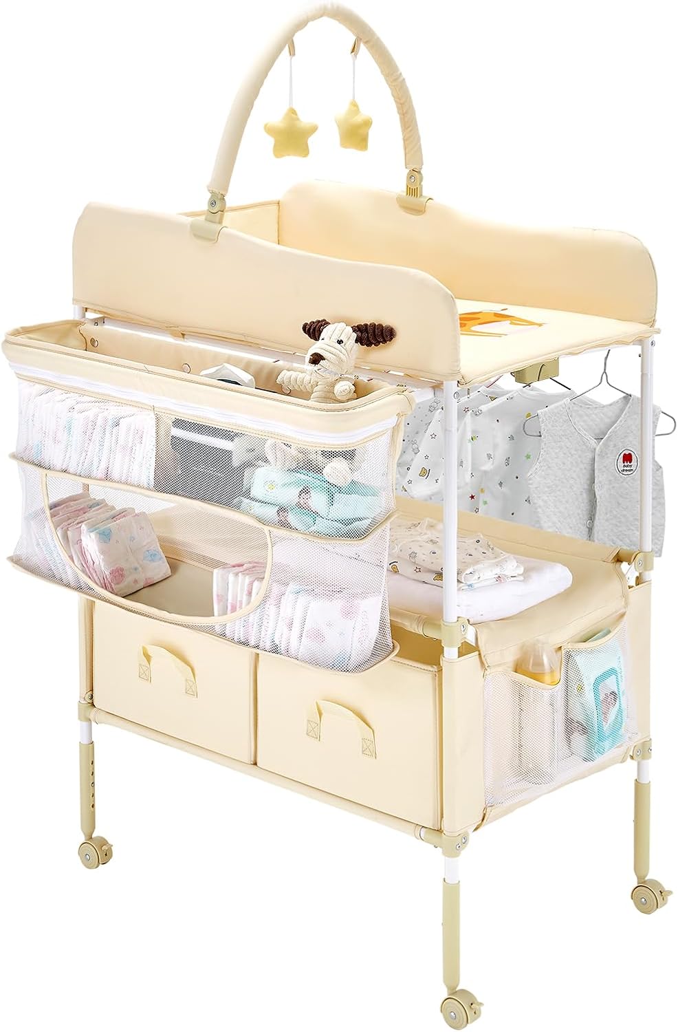 VEVOR Cambiador para Bebé, Cambiador Plegable 762 x 750 x (1005-1080) mm con 2 Cajones de Tela, Cesta Lateral, Barra para Colgar, Ruedas Bloqueables y 2 Juguetes en Forma de Estrella, Beige Claro