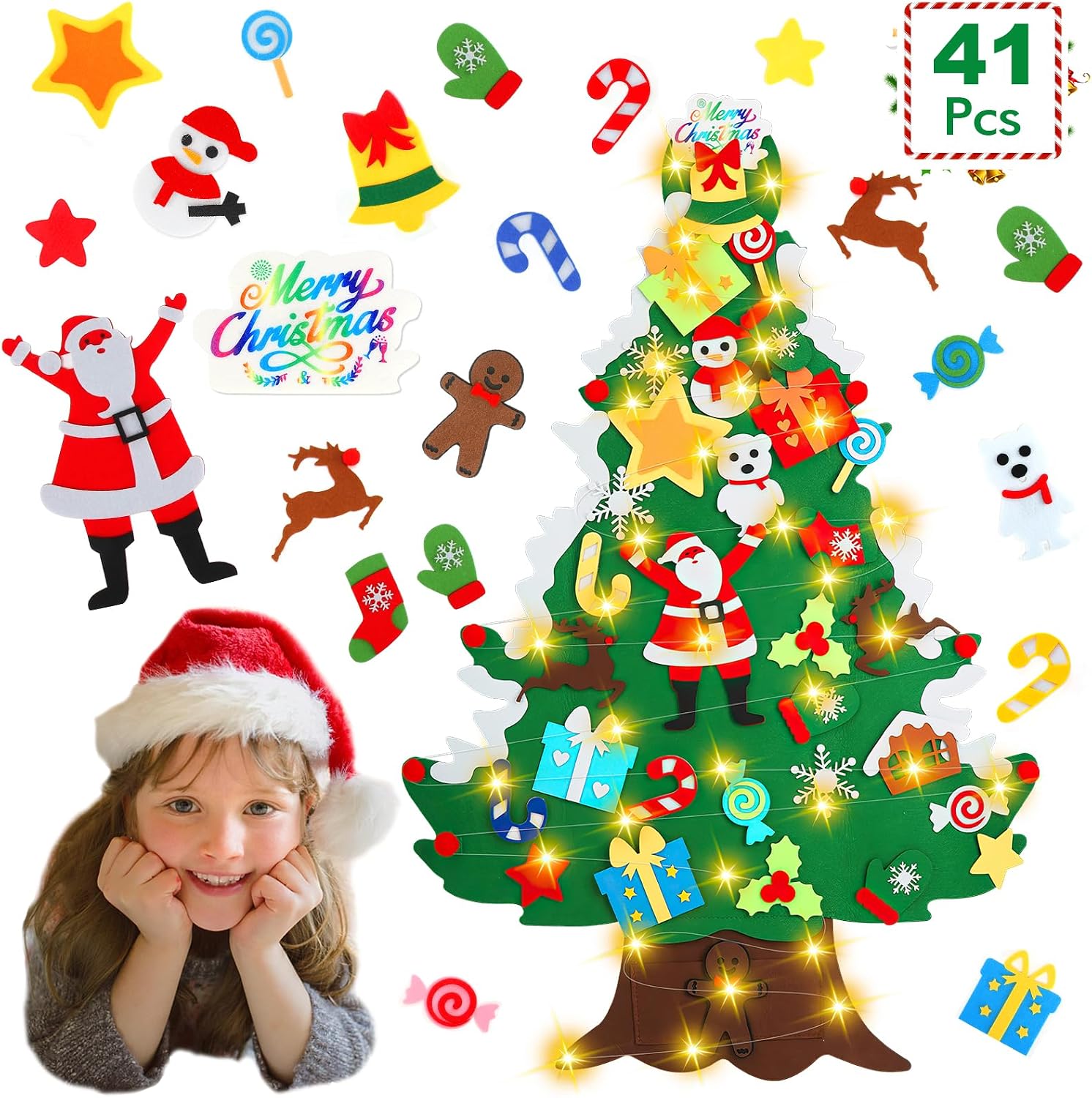 Árbol de Navidad de Fieltro 3.2Ft 100CM, DIY Arbol Navidad 41 Pcs Adornos