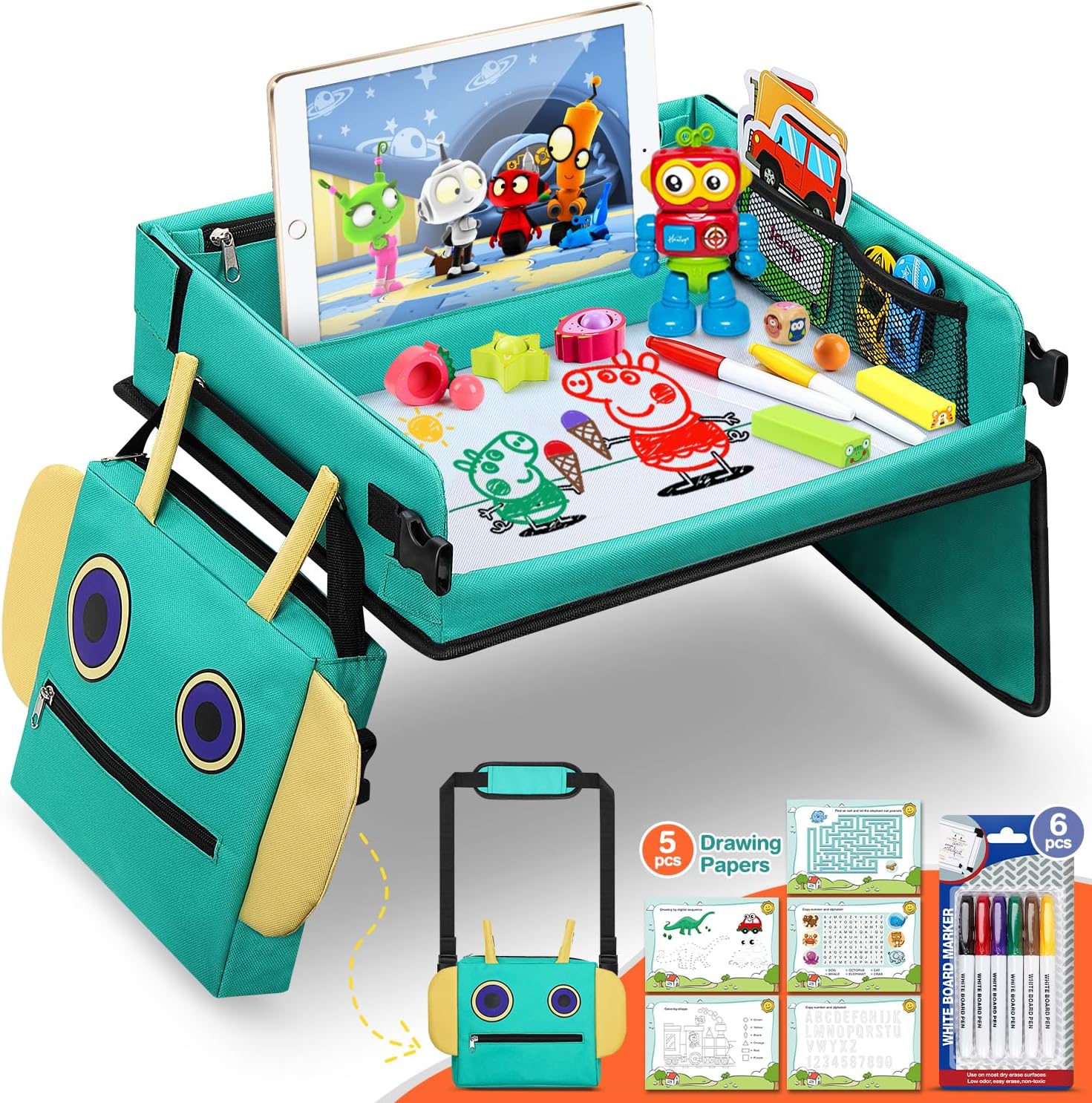 COOLJOY Mesa Coche para Niños, Bandeja de Viaje Niños, Bandeja Impermeable para Coche, Cochecito, Avión, Tablero Organizador Plegable de Coche con 5 Papeles de Dibujo Educativo y Pluma de 6 Colores