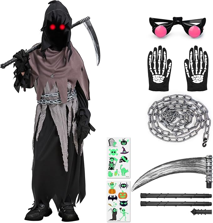 Lozzzyo Disfraz Muerte Niño Grim Reaper con Gafas Iluminadas