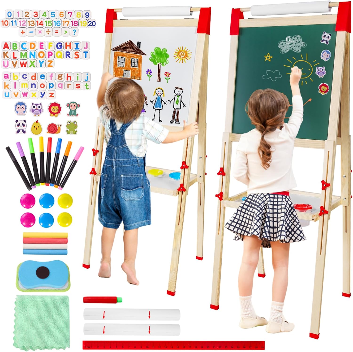 Chidiam Pizarra Infantil 3 en 1 Doble Cara con Caballete de Madera Altura Ajustable