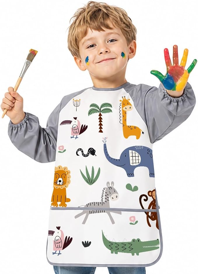 Delantal Infantil Impermeable 3-8 Años Niños y Niñas, Bata Pintura Infantil con 3 Bolsillos y Mangas Largas