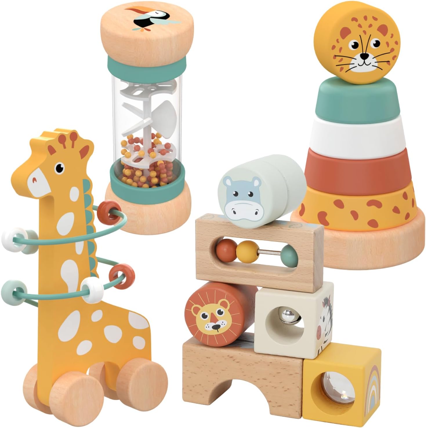 Nene Toys Juguetes Niños 1 Año – Juguete Montessori de Madera 4 en 1 con Bloques Sensoriales, Lluvia Musical, Laberinto Jirafa y Anillos Apilables